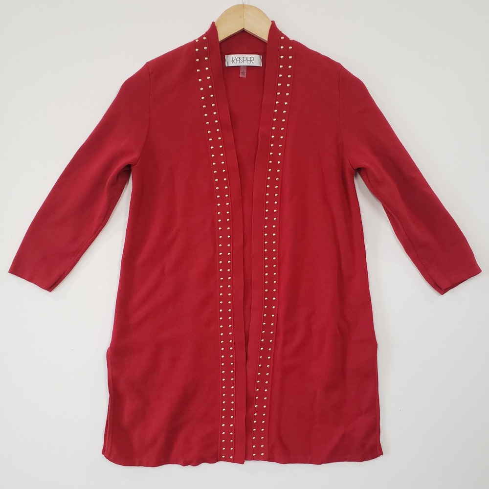 Kasper Cardigan Sweater Womens Small‎ Red Studded Open Front Long Knit Chic Work